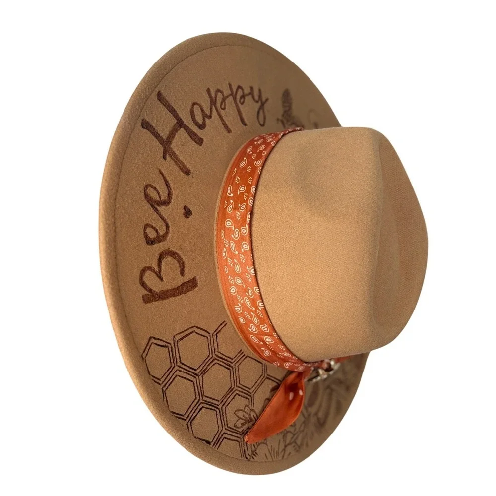 Handcrafted Tan Custom‎ Wood Burned Floral Bee Wide Brim Fedora Boho Western Hat